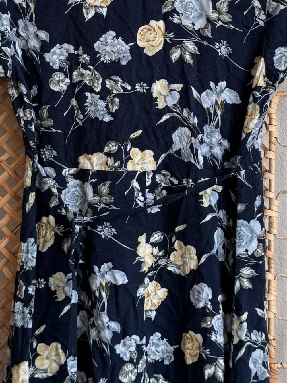Vintage 90s DBY Navy Floral Wrap Mini Dress V Neck Tie Back - Picture 5 of 5